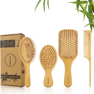 DEBETOOL Bamboo Hair Brush and Comb Set for Women Men and Kids,Natural Bamboo wood Wide-tooth brush and tail comb - Paddle Detangling Brush for Wet Dry Curly Hair