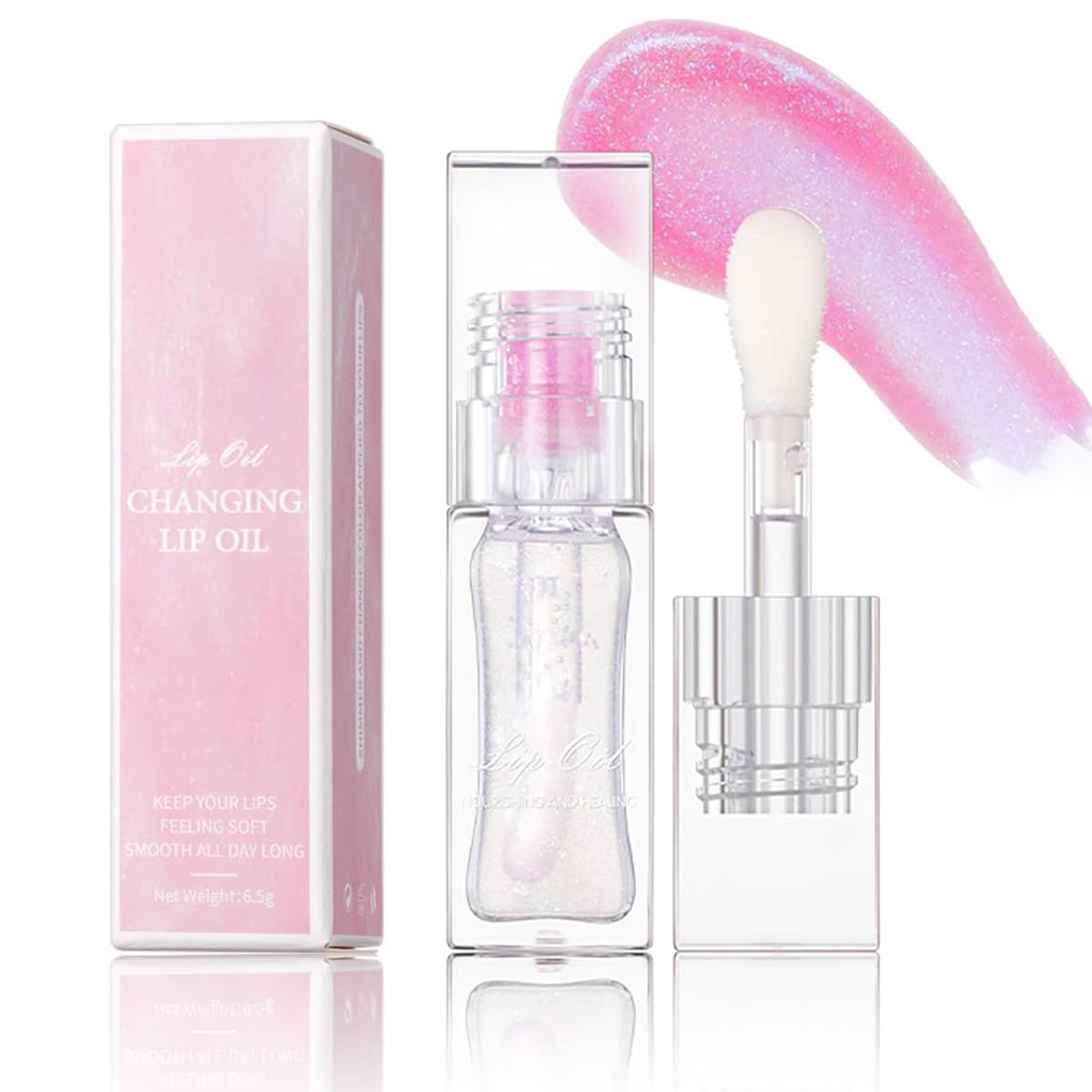 Tiejdhr Magic Color Changing Lip Oil Ph, Glitter Lip Gloss, Upgraded Big Brush Head Moisturizing Lip Oil Long Lasting Nourishing Lip Glow Oil Non-Sticky Primer Lip Tint (# 01, 0.3 Oz)