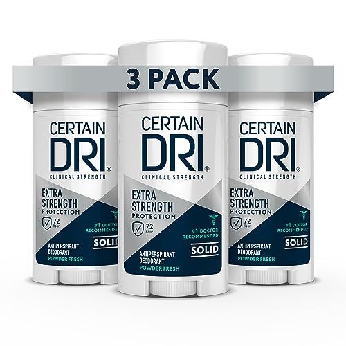 Certain Dri Extra Strength Clinical Antiperspirant Solid Deodorant, Hyperhidrosis Treatment for Men &amp; Women, Long-Lasting 72hr Protection, Effective Sweat Control, Powder Fresh Scent, 1.7oz, 3 Pack