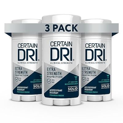 Certain Dri Extra Strength Clinical Antiperspirant Solid Deodorant, Hyperhidrosis Treatment for Men &amp; Women, Long-Lasting 72hr Protection, Effective Sweat Control, Powder Fresh Scent, 1.7oz, 3 Pack
