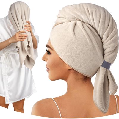 Umisleep 100% Microfiber Hair Towel, 41&quot; x 22&quot; Super Absorbent Hair Care Towel, Ultra Soft Hair Towel Wrap with Elastic Loop, Large Curly Hair Towel for Women Long, Thick Hair, Camel