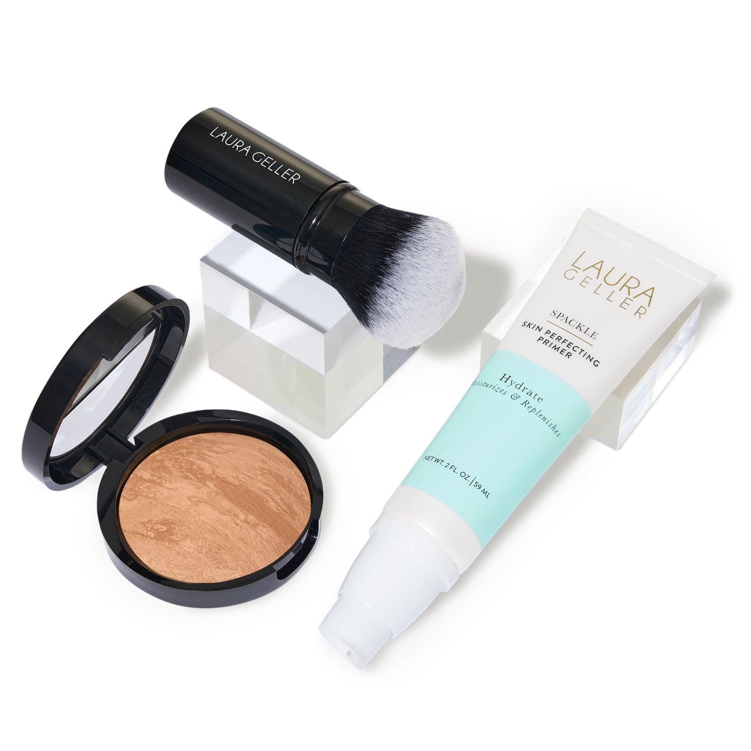LAURA GELLER NEW YORK Laura&#39;s Must-Haves Kit 3pc Baked Balance-n-Brighten Powder Foundation, Golden Medium  Spackle Skin Perfecting Makeup Primer, Hydrate  Airbrush Round Kabuki Brush