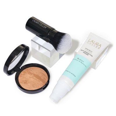 LAURA GELLER NEW YORK Laura&#39;s Must-Haves Kit 3pc Baked Balance-n-Brighten Powder Foundation, Golden Medium  Spackle Skin Perfecting Makeup Primer, Hydrate  Airbrush Round Kabuki Brush