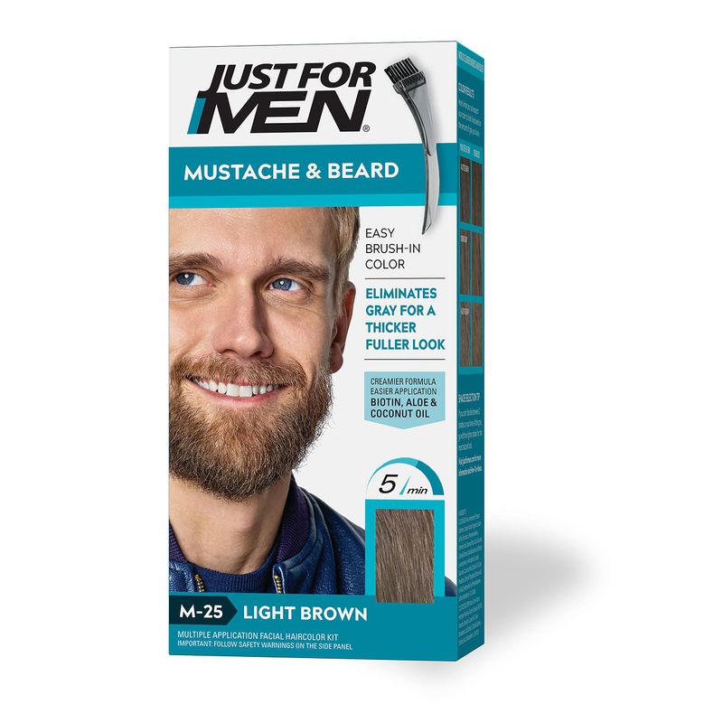 Just For Men Mustache &amp; Beard, Beard Dye for Men with Brush Included for Easy Application, With Biotin Aloe and Coconut Oil for Healthy Facial Hair - Light Brown, M-25, Pack of 1