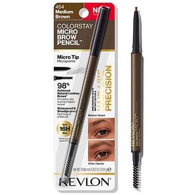 Revlon ColorStay Micro Eyebrow Pencil, Makeup Stocking Stuffers for Women, Built-In Spoolie Brush, Waterproof, Smudgeproof, 454 Medium Brown (Pack of 1)