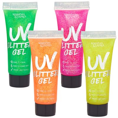 UV Glitter Body Paint Gel - 4 Colors Cosmetic Set for Girls, Women, Adults - 10 ml Tubes with Glowing Effect - Perfect for Dress Up, Festival, Costume Party, Halloween - by Splashes and Spills