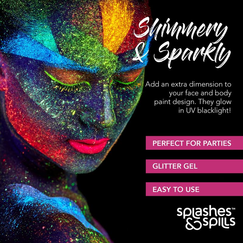 UV Glitter Body Paint Gel - 4 Colors Cosmetic Set for Girls, Women, Adults - 10 ml Tubes with Glowing Effect - Perfect for Dress Up, Festival, Costume Party, Halloween - by Splashes and Spills
