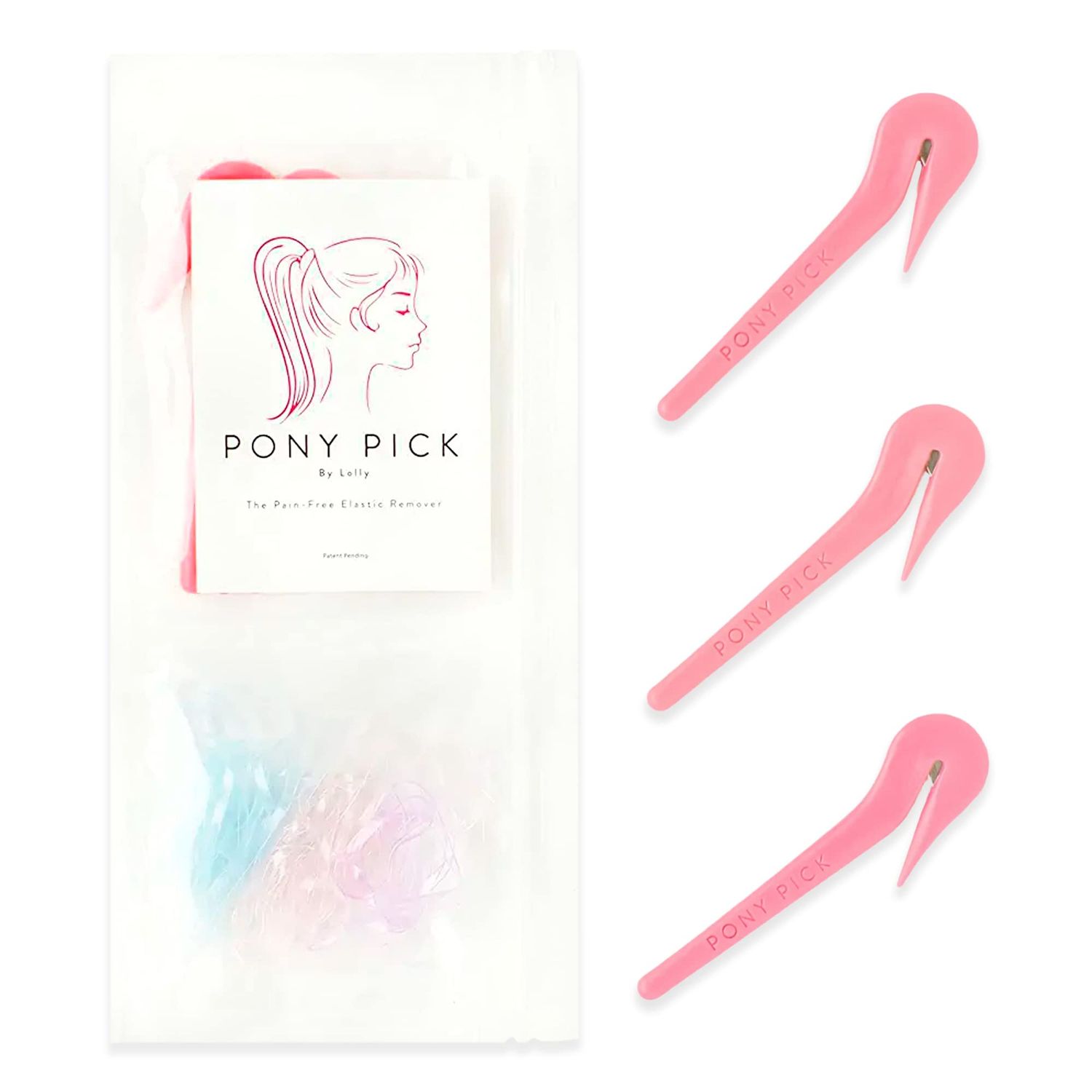 THE PONY PICK Rubber Bands Cutter for Hair Removal - Pain-Free Hair Band Remover - Easy 3 Pack with 50 Colored Elastics
