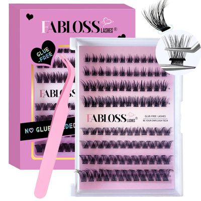 Fablosslashes Self Adhesive Eyelashes Kit 96Pcs D Curl Press on Lashes Reusable Self Adhesive Lashes No Glue No Remover Needed DIY Lash Extension Kit with Tweezers for Beginners