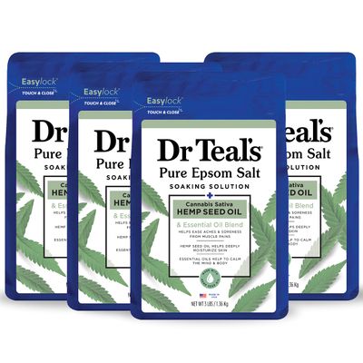 Dr Teal&#39;s Epsom Salt Magnesium Soak, Cannabis Sativa Hemp Seed Oil, 3 lb (Pack of 4)