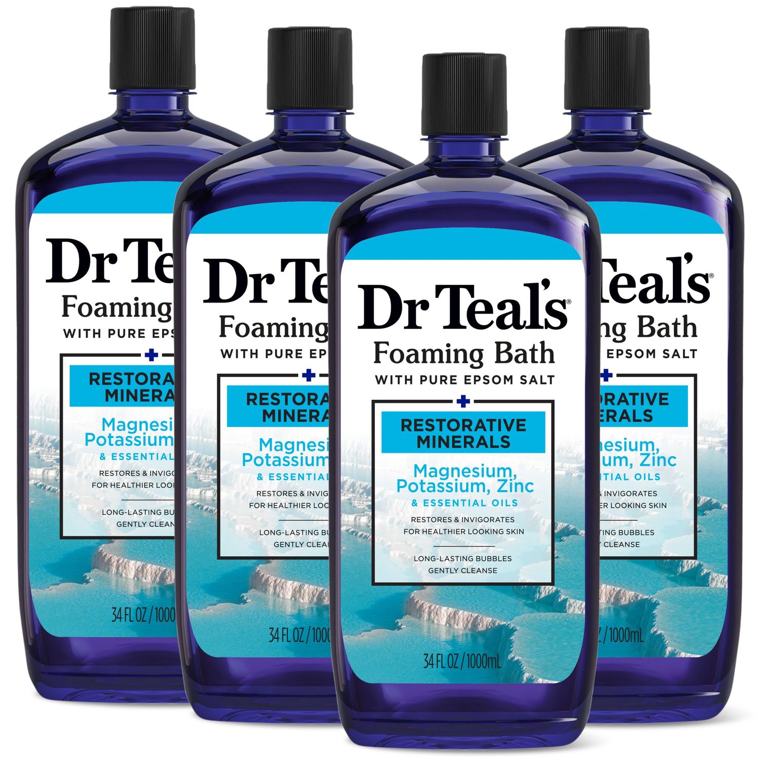 Dr Teal&#39;s Foaming Bath with Pure Epsom Salt, Restorative Minerals with Magnesium, Potassium, Zinc &amp; Essential Oils, 34 fl oz (Pack of 4)