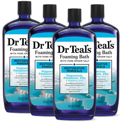 Dr Teal&#39;s Foaming Bath with Pure Epsom Salt, Restorative Minerals with Magnesium, Potassium, Zinc &amp; Essential Oils, 34 fl oz (Pack of 4)