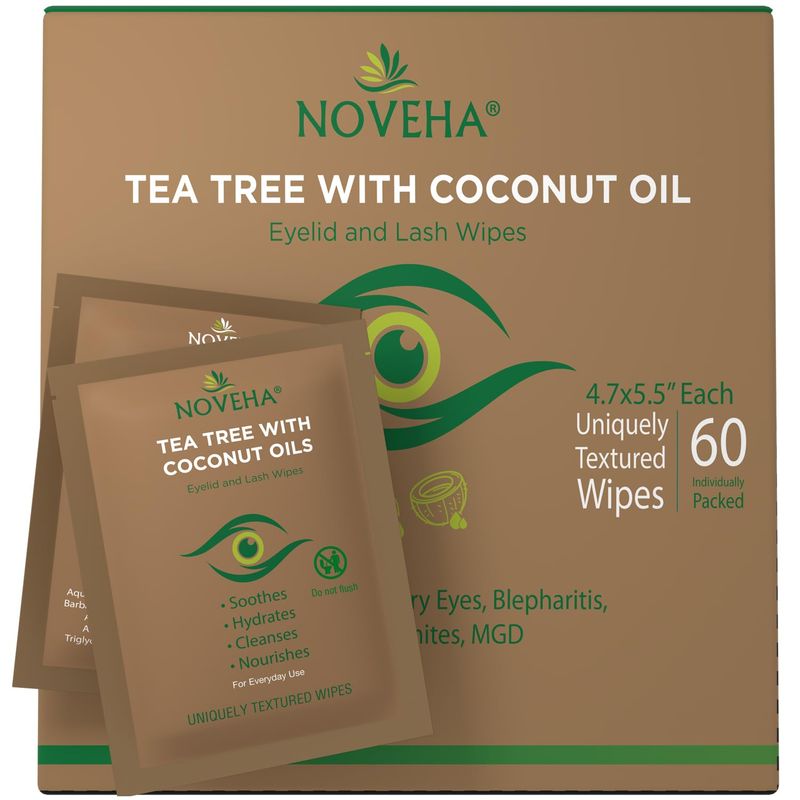 NOVEHA Tea Tree &amp; Coconut Oil Eyelid &amp; Lash Wipes | For Demodex, Blepharitis &amp; Itchy Eyes, Box Of 60 Individually Wrapped Eyelash Wipes With Aloe Vera, Natural Makeup Remover &amp; Daily Eye Cleanser