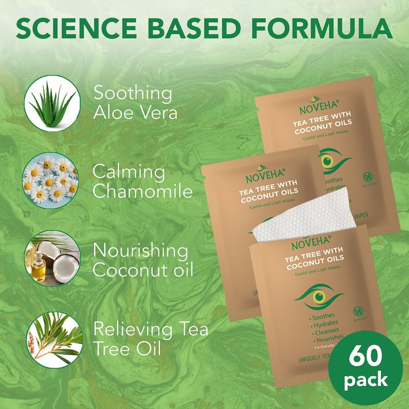 NOVEHA Tea Tree &amp; Coconut Oil Eyelid &amp; Lash Wipes | For Demodex, Blepharitis &amp; Itchy Eyes, Box Of 60 Individually Wrapped Eyelash Wipes With Aloe Vera, Natural Makeup Remover &amp; Daily Eye Cleanser