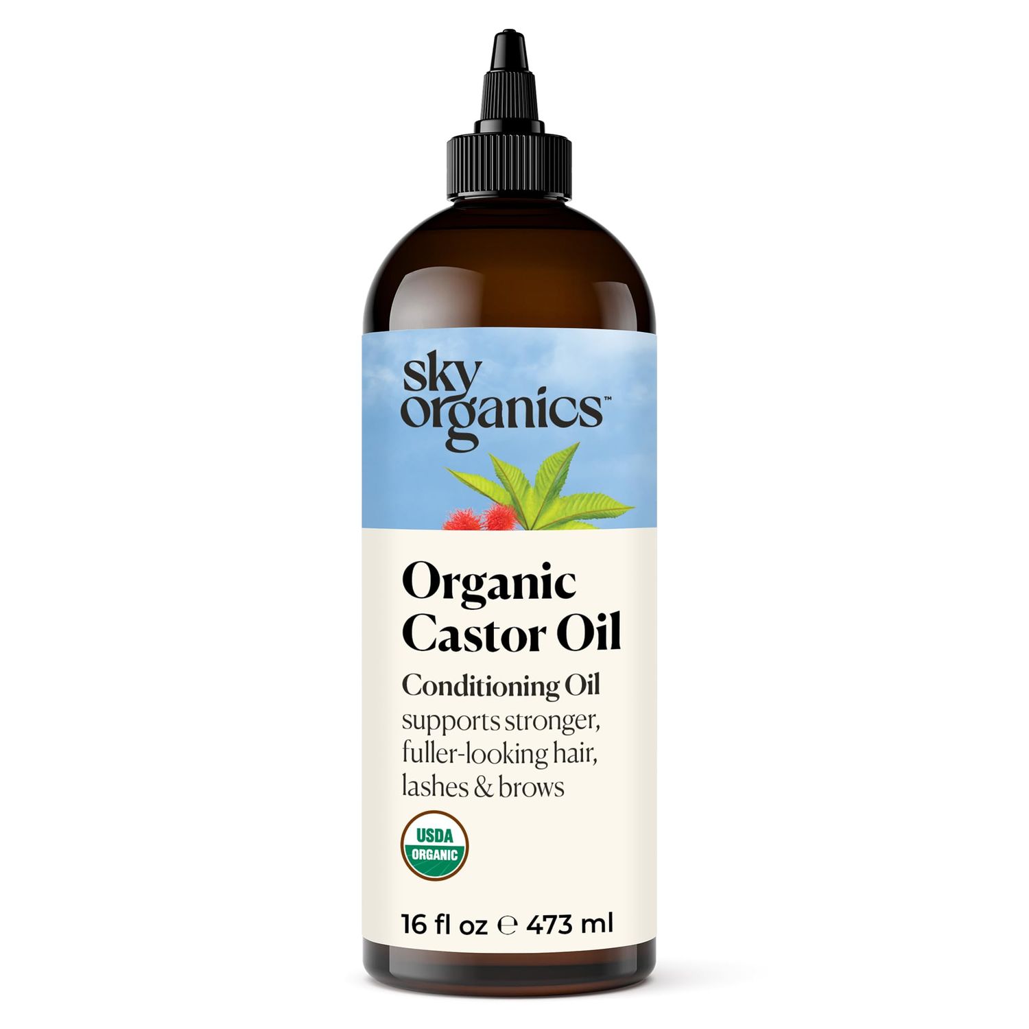 Sky Organics Organic Castor Oil, 100% Pure, Hexane Free, Cold-Pressed to Support Stronger, Fuller-Looking Hair, Eyelashes &amp; Eyebrows,Good for Castor Packs, Navel Oiling, Carrier Oil Use, 16 fl oz