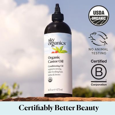 Sky Organics Organic Castor Oil, 100% Pure, Hexane Free, Cold-Pressed to Support Stronger, Fuller-Looking Hair, Eyelashes &amp; Eyebrows,Good for Castor Packs, Navel Oiling, Carrier Oil Use, 16 fl oz