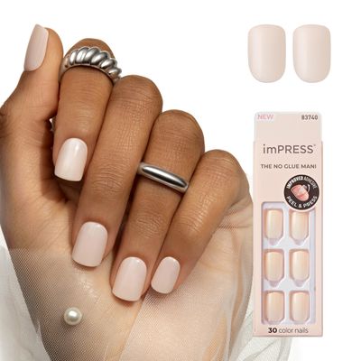 KISS imPRESS No Glue Mani Press On Nails, Color, &#39;Point Pink&#39;, Pink, Short Size, Squoval Shape, Includes 30 Nails, Prep Pad, Instructions Sheet, 1 Manicure Stick, 1 Mini File
