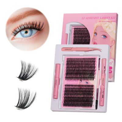 ANNAFRIS Lash Extension Kit,DIY Lash Clusters Eyelash Extension Kit,Individual Lashes Kit with Lash Bond and Seal, Lash Remover and Lash Tweezers for Self Use (50D&amp;60D)