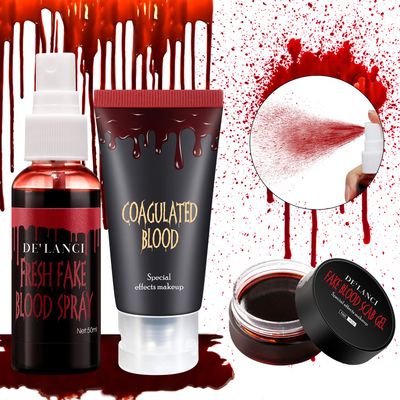 Halloween Fake Blood Makeup Kit - Edible Fake Blood Gel 1.06oz  Fake Blood Spray 1.76oz  Coagulated Blood 1.06oz, Realistic Washable Special Effects SFX Makeup Set for Zombie Vampire Monster Cosplay