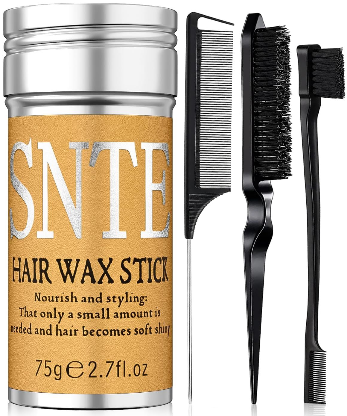 Slick Back Hair Brush Set Hair Wax, Edge Brush, Rat Tail Comb, Bristle Brush, Hair Bun Accessories, Smoothing Brush for Women &amp; Kids