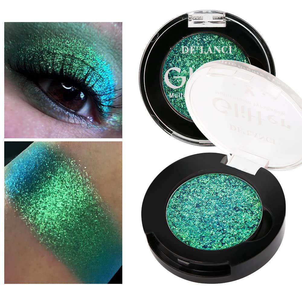 Afflano Single Green Eyeshadow Shimmery, Highly Pigmented Multichrome Eyeshadow Green, Color Changing Forest Green Glitter Eyeshadow, Holographic Chrome Eye Shadow for Green Eye Makeup