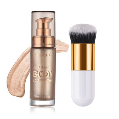 Body Shimmer Oil, Waterproof Long Lasting Moisturizing Bronze Body Luminizer Glow For Face &amp; Body, Liquid Illuminator Body Highlighter 1ozJars, Makeup Brush Include (Rose Gold #01)
