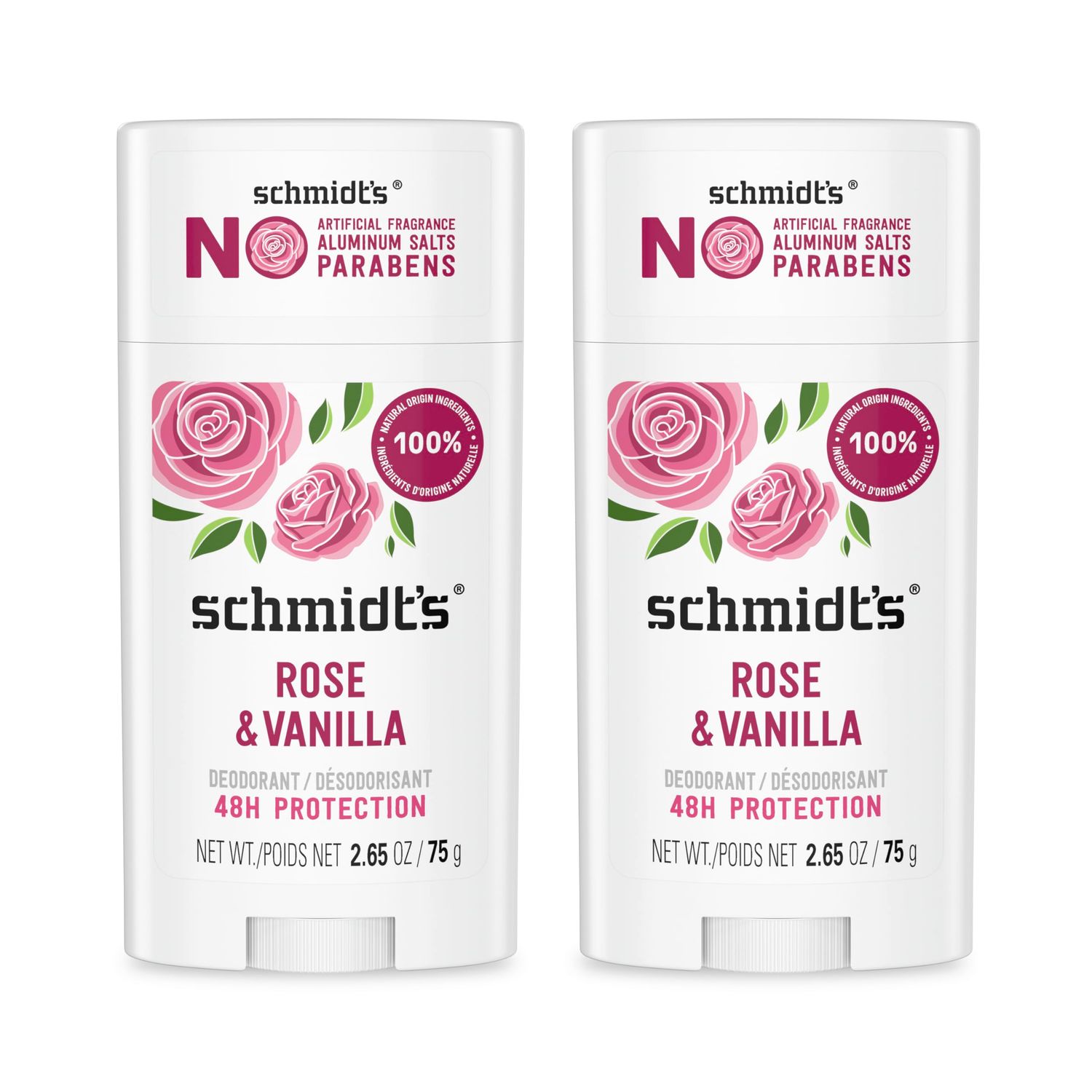 Schmidt&#39;s Aluminum-Free Vegan Deodorant Rose &amp; Vanilla with 24 Hour Odor Protection 2 Count for Women and Men, Natural Ingredients, Cruelty-Free, 2.65 oz