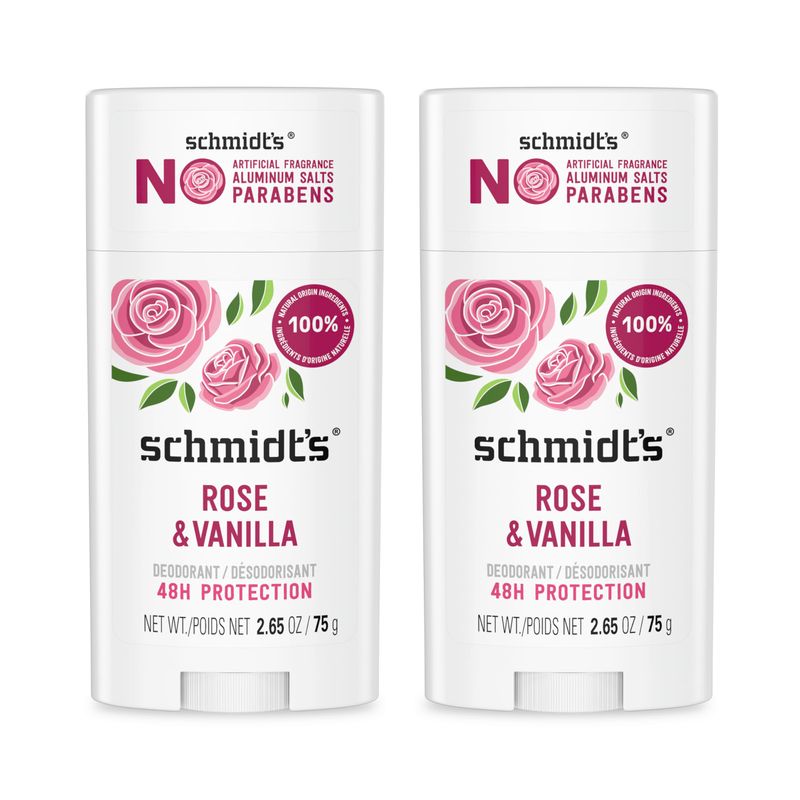 Schmidt's Aluminum-Free Vegan Deodorant Rose &amp; Vanilla with 24 Hour Odor Protection 2 Count for Women and Men, Natural Ingredients, Cruelty-Free, 2.65 oz