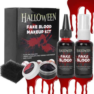 Halloween Fake Blood Makeup Kit,Fake Blood Spray,Coagulated Blood,Dripping Blood,Stipple Sponge Realistic Washable Special Effects SFX Makeup Set for Zombie Vampire Monster