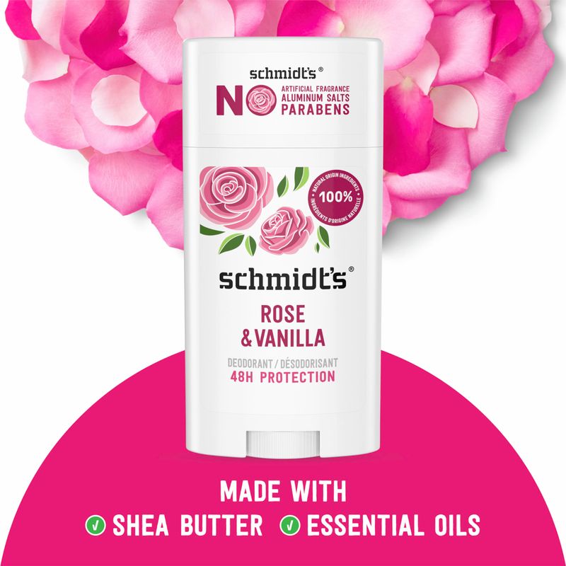 Schmidt's Aluminum-Free Vegan Deodorant Rose &amp; Vanilla with 24 Hour Odor Protection 2 Count for Women and Men, Natural Ingredients, Cruelty-Free, 2.65 oz