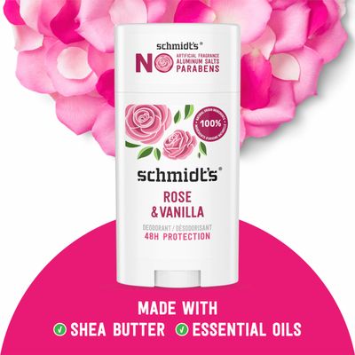 Schmidt's Aluminum-Free Vegan Deodorant Rose &amp; Vanilla with 24 Hour Odor Protection 2 Count for Women and Men, Natural Ingredients, Cruelty-Free, 2.65 oz