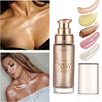 Body Shimmer Oil, Waterproof Long Lasting Moisturizing Bronze Body Luminizer Glow For Face & Body, Liquid Illuminator Body Highlighter 1ozJars, Makeup Brush Include (Rose Gold #01)
