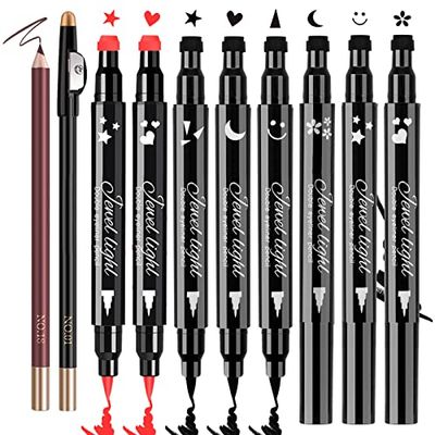 10 Pack Liquid Eyeliner Stamp Set with 8Pcs Eyeliner Stamp and 2Pcs Eyebrow Pencil, Waterproof Smudgeproof Eyeliner Long Lasting Eyeliner Pen (HeartFlowerMoonStarSmiley Triangle Seal Stamp)