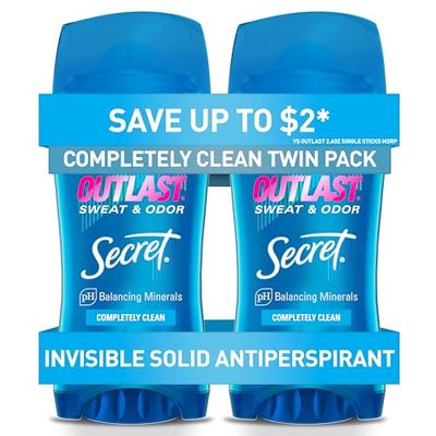 Secret Outlast Antiperspirant and Deodorant for Women, Invisible Solid, Completely Clean Scent, 2.6 oz (Pack of 2)