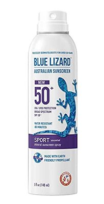 BLUE LIZARD Sport Mineral Sunscreen Spray SPF 50, Dermatologist-Recommended Brand, Broad-Spectrum UVAUVB Protection, Water-Resistant, Zinc Oxide Formula, Vegan, 5 fl oz