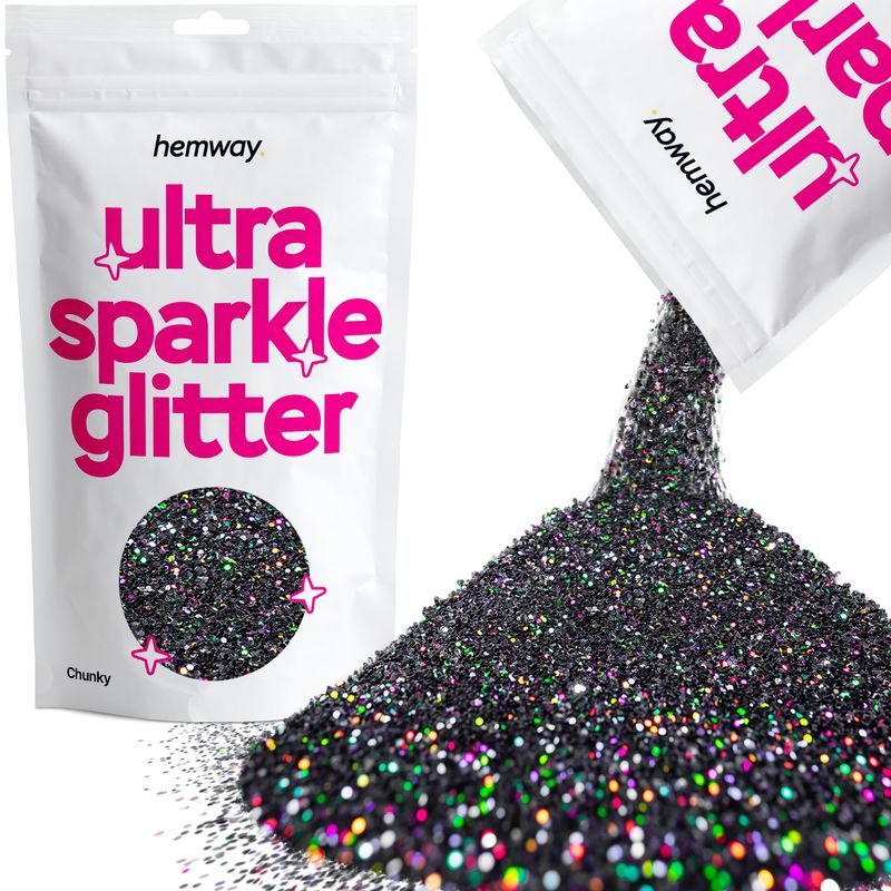 Hemway Premium Ultra Sparkle Glitter Multi Purpose Metallic Flake for Arts Crafts Nails Cosmetics Resin Festival Face Hair - Black Holographic - Chunky (140&quot; 0.025&quot; 0.6mm) 100g  3.5oz