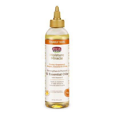 African Pride Moisture Miracle 5 Essential Hair Oils - Contains Castor, Grapeseed, Argan, Coconut &amp; Olive Oil, Seals in Moisture &amp; Adds Shine to Hair, Vitamin E, 8 oz