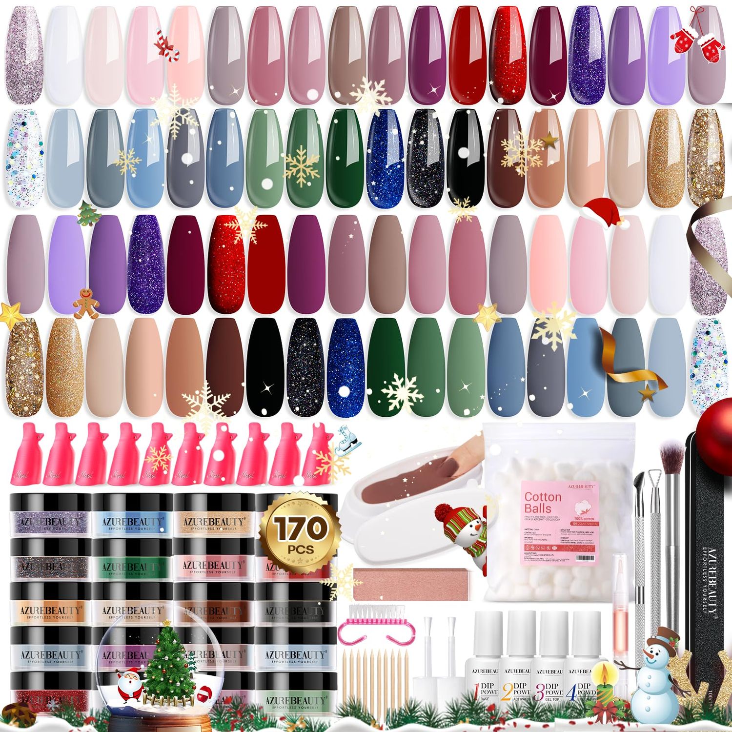 170Pcs Dip Powder Nail Kit, AZUREBEAUTY 36 Colors Christmas Winter Red Glitter Brown Dipping Powder Starter with TopBase Coat Activator &amp; Removal Accessories Set for French Manicure Salon DIY at Home