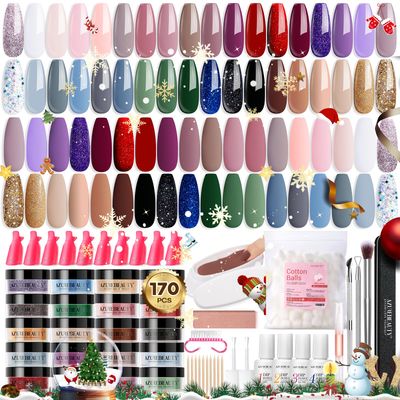 170Pcs Dip Powder Nail Kit, AZUREBEAUTY 36 Colors Christmas Winter Red Glitter Brown Dipping Powder Starter with TopBase Coat Activator &amp; Removal Accessories Set for French Manicure Salon DIY at Home