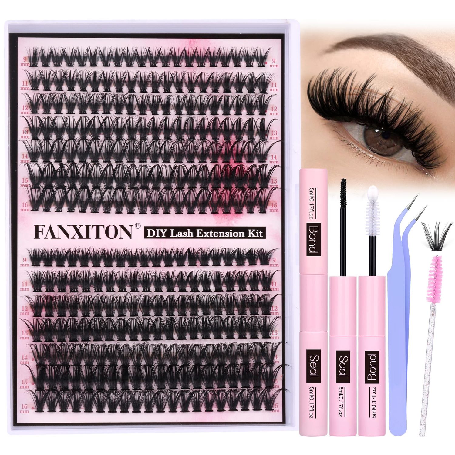 FANXITON DIY Lash Extension Kit Volume Lash Clusters 40D50D D Curl Individual Lashes Lash Clusters Kit Thick Eyelash Extension Kit 280 pcs Thin Band Cluster Lashes Lash Bond and Seal Lash Tweezers