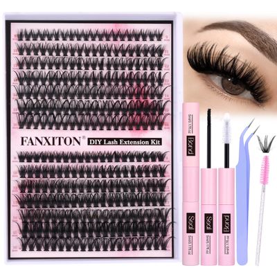 FANXITON DIY Lash Extension Kit Volume Lash Clusters 40D50D D Curl Individual Lashes Lash Clusters Kit Thick Eyelash Extension Kit 280 pcs Thin Band Cluster Lashes Lash Bond and Seal Lash Tweezers