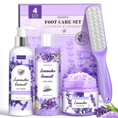 Foot Soak Set Feet Callus Remover Pedicure Set - Lavender Foot Soak Salts,Foot File,Foot Scrub &amp; Urea Foot Cream Pedicure Supplies For Dry Cracked Feet Foot Spa Kit for Women