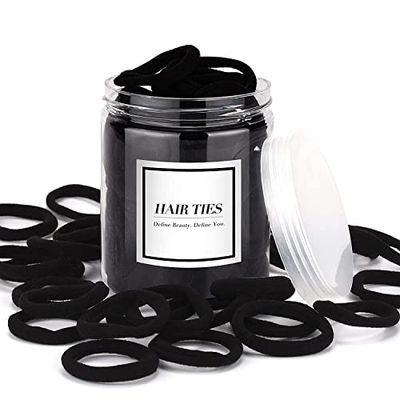 iFwevs 50PCS Black Hair Ties,Cotton Seamless Ponytail Holders,No Damage Elastics Hair Bands for Thick Heavy &amp;Curly Hair