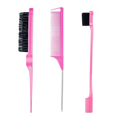 3 Pieces Hair Styling Comb Set Teasing Hair Brush Rat Tail Comb Edge Brush for Edge&amp;Back Brushing, Combing, Slicking Hair for Women (Pink)