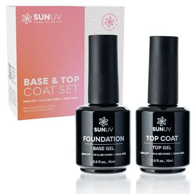SUNUV 15ml Gel Top Coat and Base Coat Set, Gel Nail Polish Kit 2 Pack, Hema Free Gel for Nails Art Manicure UV Nail Lamp No Wipe High Gloss Gifts for Women