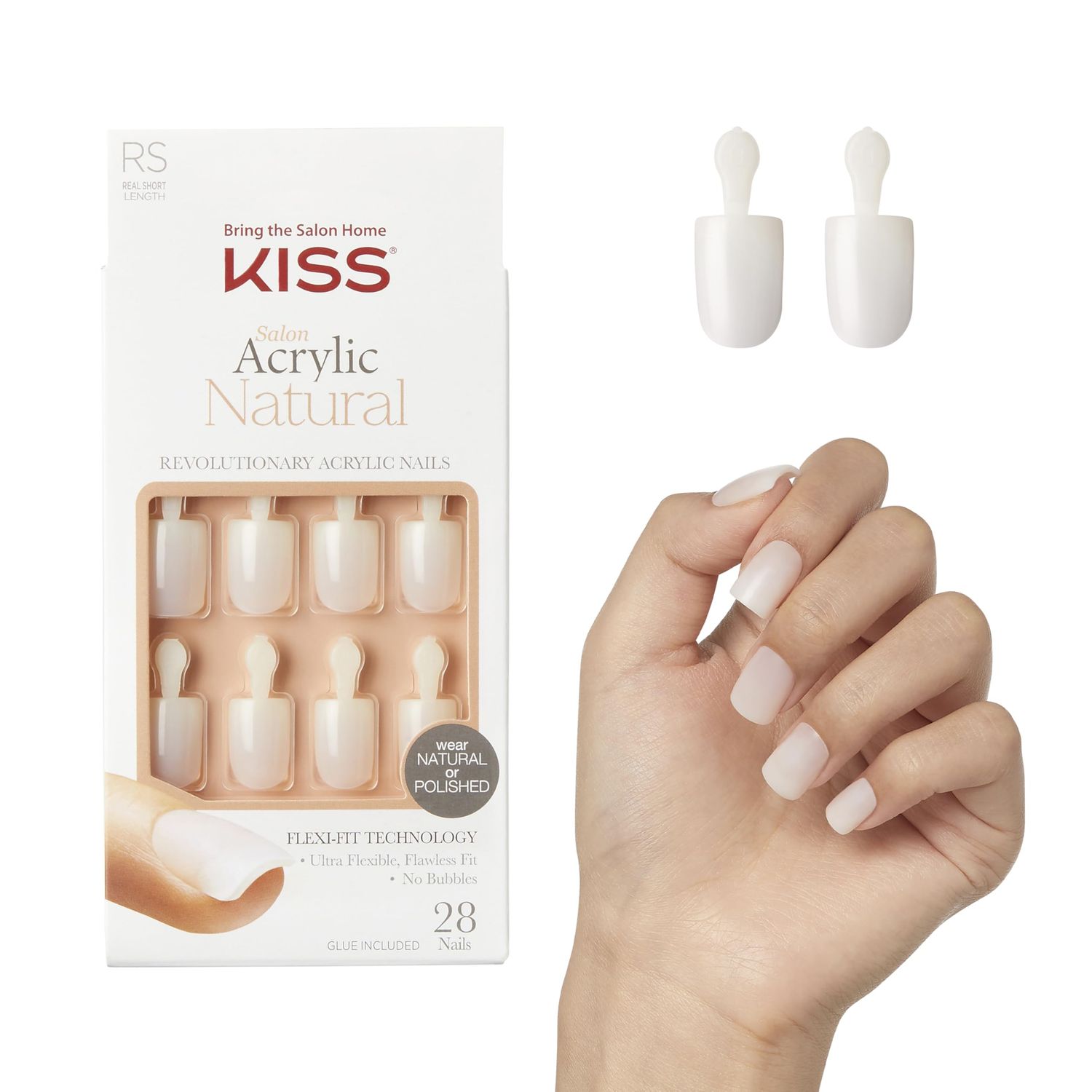 KISS Salon Acrylic Natural Press On Nails, Nail glue included, &#39;Rare&#39;, Nude, Short Size, Squoval Shape, Includes 28 Nails, 2g Glue, 1 Manicure Stick, 1 Mini File