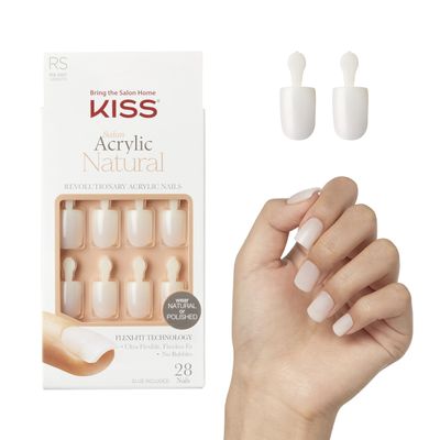 KISS Salon Acrylic Natural Press On Nails, Nail glue included, &#39;Rare&#39;, Nude, Short Size, Squoval Shape, Includes 28 Nails, 2g Glue, 1 Manicure Stick, 1 Mini File