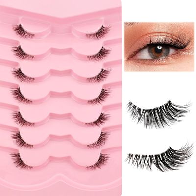 Half Lashes with Clear Band, 10mm Natural Look Cat-Eye Lashes Flu-ffy Wispy 3D Curly Eyelashes, that Look Like Extensions Accent Lashes Faux Mink False Eyelashes 7 Pairs Pack(CZ-3D04)