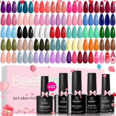 Beetles Gel Nail Polish Set 36 PCS- Spring Gel Polish 32 Colors with Base Top Coat Soak off U V Nail Gel Burgundy Red Pink Green Blue Purple Black White Gel Polish Set Valentines Day Gifts for Women