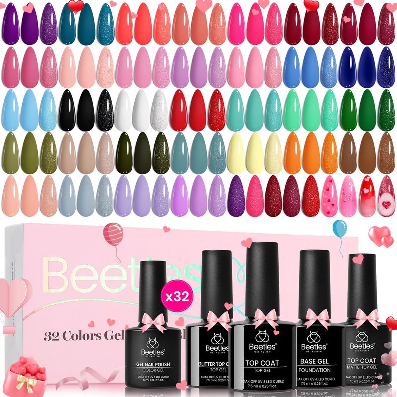 Beetles Gel Nail Polish Set 36 PCS- Spring Gel Polish 32 Colors with Base Top Coat Soak off U V Nail Gel Burgundy Red Pink Green Blue Purple Black White Gel Polish Set Valentines Day Gifts for Women